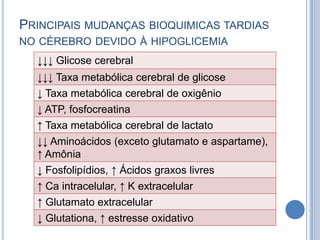 PRINCIPAIS MUDANÇAS BIOQUIMICAS TARDIAS
NO CÉREBRO DEVIDO À HIPOGLICEMIA
↓↓↓ Glicose cerebral
↓↓↓ Taxa metabólica cerebral de glicose
↓ Taxa metabólica cerebral de oxigênio
↓ ATP, fosfocreatina
↑ Taxa metabólica cerebral de lactato
↓↓ Aminoácidos (exceto glutamato e aspartame),
↑ Amônia
↓ Fosfolipídios, ↑ Ácidos graxos livres
↑ Ca intracelular, ↑ K extracelular
↑ Glutamato extracelular
↓ Glutationa, ↑ estresse oxidativo
 