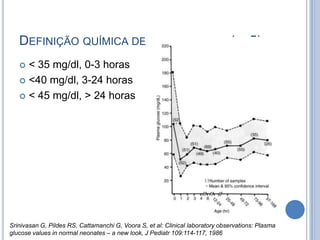 DEFINIÇÃO QUÍMICA DE HIPOGLICEMIA (P<5)
 < 35 mg/dl, 0-3 horas
 <40 mg/dl, 3-24 horas
 < 45 mg/dl, > 24 horas
Srinivasan G, Pildes RS, Cattamanchi G, Voora S, et al: Clinical laboratory observations: Plasma
glucose values in normal neonates – a new look, J Pediatr 109:114-117, 1986
 
