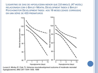 LOGARITMO DE DIAS DE HIPOGLICEMIA MENOR QUE 2,6 MMOL/L (47 MG/DL)
RELACIONADA COM O BAYLEY MENTAL DEVELOPMENT INDEX E BAYLEY
PSYCHOMOTOR DEVELOPMENT INDEX AOS 18 MESES (IDADE CORRIGIDA)
EM UMA SÉRIE DE 433 PREMATUROS
Lucas A, Morley R, Cole TJ: Adverse neurodevelopment outcome of moderate neonatal
hypoglycaemia, BMJ 297:1304-1308, 1988
 