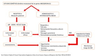 Vora S, Chandran S, Rajadurai VS, Hussain K. Hyperinsulinemic Hypoglycemia in Infancy: Current Concepts in Diagnosis and Management. Indian Pediatr. 2015 Dec;52(12):1051-9.
ALGORITMO DIAGNÓSTICO
HIPOGLICEMIA
HIPERINSULINEMICA *
* Criterios diagnosticos para hipoglicemia hiperinsulinemica
• Velocidad de infusión de glucosa >8 mg/kg/min
• Glicemia < 60mg/dl
• Insulin/C-peptide serico detectable
• Suprimidos o bajos nivel séricos de cuerpos cetónicos.
• Suprimidos o bajos nivel séricos de ácidos grasos.
• Respuesta glicemica positiva (>27 mg/dl) a glucagon/octreotide
Responde a:
•Glucosa ev
•Aumento del VIG
•Glucagon
HIPOGLICEMIA HIPERINSULINEMICA TRANSITORIA
Aumentar la alimentación y destetar el VIG lentamente
SI
NO
Responde a:
•Diazoxido (+/- tiazidas)
NO
ESTUDIO GENÉTICO (Análisis mutacional de los genes ABCC8/KCNJ11)
Valorar la
tolerancia
oral
Seguimiento:
Intentar descontinuar diazoxido si la dosis es < 5 mg/dia.
Monitorizar el crecimiento y desarrollo nervioso.
SI
 