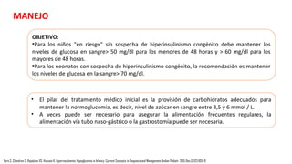 ESTUDIO GENÉTICO (Análisis mutacional de los genes ABCC8/KCNJ11)
HOMOCIGOTO O
HETEROCIGOTO ABCC8
NEGATIVO o
Mutación paternal
18F - DOPA - PET/CT SCAN
Enfermedad
difusa
Responde a:
•VIG alto.
•Alimentación frecuente y alta en
calorías.
•Glucagon parenteral.
•Octreotide/Lanreotide/ Sirolimus
Enfermedad
focal
Lesionectomia Seguimiento:
•Monitorizar crecimiento y desarrollo
nervioso.
•Consejería genética.
SI
Monitorizar
riesgo de DM
NO
PANCREATECTOMIA
CERCA A LO TOTAL
Vora S, Chandran S, Rajadurai VS, Hussain K. Hyperinsulinemic Hypoglycemia in Infancy: Current Concepts in Diagnosis and Management. Indian Pediatr. 2015 Dec;52(12):1051-9.
 