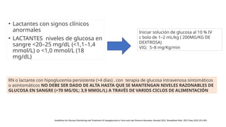 • Lactantes con signos clínicos
anormales
• LACTANTES niveles de glucosa en
sangre <20–25 mg/dL (<1,1–1,4
mmol/L) o <1,0 mmol/L (18
mg/dL)
Iniciar solución de glucosa al 10 % IV
c bolo de 1–2 mL/kg ( 200MG/KG DE
DEXTROSA)
VIG: 5–8 mg/Kg/min
RN o lactante con hipoglucemia persistente (>4 días) , con terapia de glucosa intravenosa sintomáticos
o asintomáticos NO DEBE SER DADO DE ALTA HASTA QUE SE MANTENGAN NIVELES RAZONABLES DE
GLUCOSA EN SANGRE (>70 MG/DL; 3,9 MMOL/L) A TRAVÉS DE VARIOS CICLOS DE ALIMENTACIÓN
Guidelines for Glucose Monitoring and Treatment of Hypoglycemia in Term and Late Preterm Neonates, Revised 2021. Breastfeed Med. 2021 May;16(5):353-365.
 