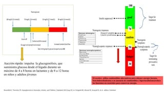 Aacción rápida: impulsa la glucogenólisis, que
suministra glucosa desde el hígado durante un
máximo de 4 a 8 horas en lactantes y de 8 a 12 horas
en niños y adultos jóvenes
Rosenfeld E, Thornton PS. Hypoglycemia in Neonates, Infants, and Children. [Updated 2023 Aug 22]. In: Feingold KR, Ahmed SF, Anawalt B, et al., editors. Endotext
El cerebro utiliza combustibles alternativos para obtener energía (lactato,
beta-hidroxibutirato) o en ausencia de combustibles ( hiperinsulinismo)reduce
las funciones no esenciales para conservar energía.
 