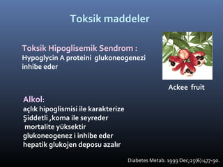 Toksik maddeler

Toksik Hipoglisemik Sendrom :
Hypoglycin A proteini glukoneogenezi
inhibe eder

                                                     Ackee fruit
Alkol:
açlık hipoglismisi ile karakterize
Şiddetli ,koma ile seyreder
mortalite yüksektir
glukoneogenez i inhibe eder
hepatik glukojen deposu azalır

                                     Diabetes Metab. 1999 Dec;25(6):477-90.
 