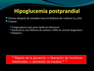 Hipoglucemia postprandial
Ocurre después de comidas ricas en hidratos de carbono (3-4 hs)
Causas:
Cirugía gástrica (por paso rápido de alimentos)
Intolerancia a los Hidratos de carbono o DM2 de reciente diagnóstico
Idiopática
↑ Rápido de la glucemia ⇒ liberación de incretinas
intestinales ⇒ secreción de insulina ↑ ↑
 