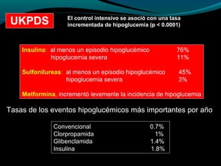 Convencional 0.7%
Clorpropamida 1%
Glibenclamida 1.4%
Insulina 1.8%
Tasas de los eventos hipoglucémicos más importantes por año
Insulina: al menos un episodio hipoglucémico 76%
hipoglucemia severa 11%
Sulfonilureas: al menos un episodio hipoglucémico 45%
hipoglucemia severa 3%
Metformina, incrementó levemente la incidencia de hipoglucemia
UKPDS El control intensivo se asoció con una tasa
incrementada de hipoglucemia (p < 0.0001)
 