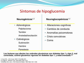 Síntomas de hipoglucemia
                              Neurogénicos1,2                            Neuroglucopénicos1,2

                         • Adrenérgicos                                 • Alteraciones cognitivas
                                 Palpitaciones                          • Cambios de conducta
                                 Temblor                                • Anomalías psicomotoras
                                 Ansiedad/excitación
                                                                        • Crisis convulsivas
                         • Colinérgicos                                 • Coma
                                 Sudoración
                                 Hambre
                                 Parestesia
     Los factores que afectan los umbrales glucémicos son diabetes tipo 1 y tipo 2, mal
     controlada, control glucémico riguroso en diabetes tipo 1, y edad avanzada.2,3
1. Cryer PE.. J Clin Invest. 2007;117(4):868–870.
2. Cryer PE.. Diabetes Care. 2003;26(6):1902–1912.
      8
3. Meneilly GS y cols. J Clin Endocrinol Metab. 1994;78(6):1341–1348.
 