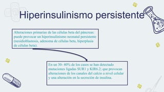 Hiperinsulinismo persistente
Alteraciones primarias de las células beta del páncreas:
puede provocar un hiperinsulinismo neonatal persistente
(nesidioblastosis, adenoma de células beta, hiperplasia
de células beta).
En un 30- 40% de los casos se han detectado
mutaciones ligadas SUR1 y KIR6.2; que provocan
alteraciones de los canales del calcio a nivel celular
y una alteración en la secreción de insulina.
 