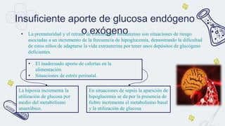 Insuficiente aporte de glucosa endógeno
o exógeno
• La prematuridad y el retraso de crecimiento intrauterino son situaciones de riesgo
asociadas a un incremento de la frecuencia de hipoglucemia, demostrando la dificultad
de estos niños de adaptarse la vida extrauterina por tener unos depósitos de glucógeno
deficientes.
La hipoxia incrementa la
utilización de glucosa por
medio del metabolismo
anaeróbico.
En situaciones de sepsis la aparición de
hipoglucemia se da por la presencia de
fiebre incrementa el metabolismo basal
y la utilización de glucosa
• El inadecuado aporte de calorías en la
alimentación.
• Situaciones de estrés perinatal.
 