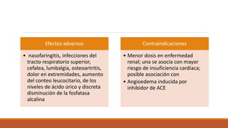 Efectos adversos
• nasofaringitis, infecciones del
tracto respiratorio superior,
cefalea, lumbalgia, osteoartritis,
dolor en extremidades, aumento
del conteo leucocitario, de los
niveles de ácido úrico y discreta
disminución de la fosfatasa
alcalina
Contraindicaciones
• Menor dosis en enfermedad
renal; una se asocia con mayor
riesgo de insuficiencia cardiaca;
posible asociación con
• Angioedema inducida por
inhibidor de ACE
 