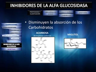 • Disminuyen la absorción de los
                      Carbohidratos
                           ACARBOSA
                        Actinoplanes utahensis   MIGLITOL

Tiazolidinedionas
 
