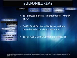 • 1942: Descubiertas accidentalmente, “Janbon
                                et al.”

                              • CARBUTAMIDA: 1er sulfonilurea, retirada
                                poco después por efectos adversos.
     Tiazolidinedionas
INHIBIDORES DE LA ALFA
     GLUCOSIDASA              • 1950: TOLBUTAMIDA prototipo y precursor




       Goodman & Gilman. Las bases farmacológicas de la terapéutica; Keith L. Parker; John S. Lazo; Laurence L. Brunton, 11 Ed.
       ED, Mc Graw Hill.
 