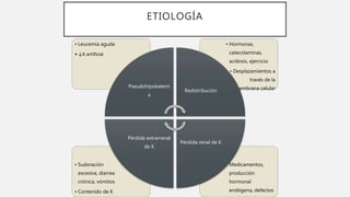 ETIOLOGÍA
• Medicamentos,
producción
hormonal
endógena, defectos
• Sudoración
excesiva, diarrea
crónica, vómitos
• Contenido de K
• Hormonas,
catecolaminas,
acidosis, ejercicio
• Desplazamientos a
través de la
membrana celular
• Leucemia aguda
•↓K artificial
Pseudohipokalemi
a
Redistribución
Pérdida renal de K
Pérdida extrarrenal
de K
 