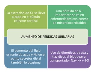 La excreción de K+ se lleva
a cabo en el túbulo
colector cortical
Una pérdida de K+
importante se ve en
enfermedades con exceso
de mineralocorticoides
El aumento del flujo
urinario de agua y Na en el
punto secretor distal
también lo ocasiona
Uso de diuréticos de asa y
tiazídicos al bloquear al
transportador Na+,K+ y 2Cl
AUMENTO DE PÉRDIDAS URINARIAS
 