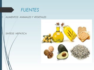 FUENTES
 ALIMENTOS ANIMALES Y VEGETALES
 SINTESIS HEPATICA
 