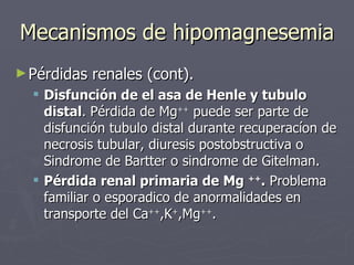Mecanismos de hipomagnesemia <ul><li>Pérdidas renales (cont). </li></ul><ul><ul><li>Disfunción de el asa de Henle y tubulo...