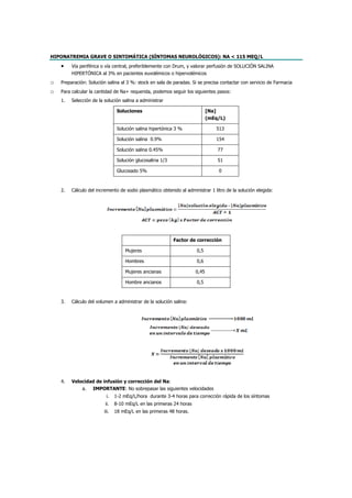 HIPONATREMIA GRAVE O SINTOMÁTICA (SÍNTOMAS NEUROLÓGICOS): NA < 115 MEQ/L
• Vía periférica o vía central, preferiblemente con Drum, y valorar perfusión de SOLUCIÓN SALINA
HIPERTÓNICA al 3% en pacientes euvolémicos o hipervolémicos
o Preparación: Solución salina al 3 %: stock en sala de paradas. Si se precisa contactar con servicio de Farmacia
o Para calcular la cantidad de Na+ requerida, podemos seguir los siguientes pasos:
1. Selección de la solución salina a administrar
Soluciones [Na]
(mEq/L)
Solución salina hipertónica 3 % 513
Solución salina 0.9% 154
Solución salina 0.45% 77
Solución glucosalina 1/3 51
Glucosado 5% 0
2. Cálculo del incremento de sodio plasmático obtenido al administrar 1 litro de la solución elegida:
Factor de corrección
Mujeres 0,5
Hombres 0,6
Mujeres ancianas 0,45
Hombre ancianos 0,5
3. Cálculo del volumen a administrar de la solución salina:
4. Velocidad de infusión y corrección del Na:
a. IMPORTANTE: No sobrepasar las siguientes velocidades
i. 1-2 mEq/L/hora durante 3-4 horas para corrección rápida de los síntomas
ii. 8-10 mEq/L en las primeras 24 horas
iii. 18 mEq/L en las primeras 48 horas.
 