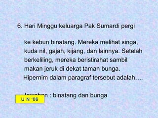 6. Hari Minggu keluarga Pak Sumardi pergi

  ke kebun binatang. Mereka melihat singa,
  kuda nil, gajah, kijang, dan lainnya. Setelah
  berkeliling, mereka beristirahat sambil
  makan jeruk di dekat taman bunga.
  Hipernim dalam paragraf tersebut adalah….

  Jawaban : binatang dan bunga
 U N ‘06
 