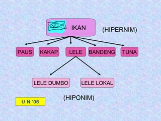 IKAN      (HIPERNIM)


PAUS       KAKAP    LELE    BANDENG   TUNA




       LELE DUMBO       LELE LOKAL

                   (HIPONIM)
 U N ‘06
 