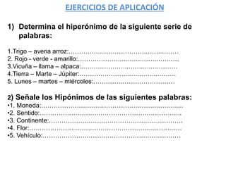 1) Determina el hiperónimo de la siguiente serie de
palabras:
1.Trigo – avena arroz:……………………………….…….………
2. Rojo - verde - amarillo:…………………..…….……….………
3.Vicuña – llama – alpaca:…………………..…….….….………
4.Tierra – Marte – Júpiter:…………………..…….……..………
5. Lunes – martes – miércoles:…………………………………
2) Señale los Hipónimos de las siguientes palabras:
•1. Moneda:……………………………………………….………….
•2. Sentido:…………………………………………………………..
•3. Continente:……………………………………………………….
•4. Flor:…………………………………………………….…………
•5. Vehículo:…………………………………………………………
EJERCICIOS DE APLICACIÓN
 