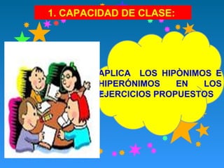 1. CAPACIDAD DE CLASE:

APLICA LOS HIPÒNIMOS E
HIPERÓNIMOS
EN
LOS
EJERCICIOS PROPUESTOS

 