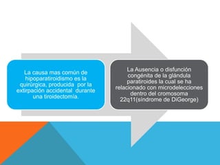 La Ausencia o disfunción
   La causa mas común de
                                      congénita de la glándula
    hipoparatiroidismo es la
                                      paratiroides la cual se ha
 quirúrgica, producida por la
                                 relacionado con microdelecciones
extirpación accidental durante
                                       dentro del cromosoma
       una tiroidectomía.
                                   22q11(síndrome de DiGeorge)
 
