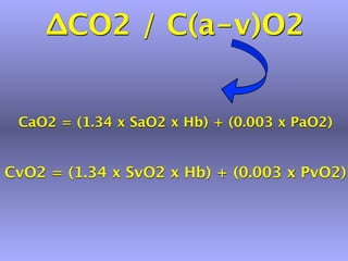 ∆CO2 / C(a-v)O2


 CaO2 = (1.34 x SaO2 x Hb) + (0.003 x PaO2)


CvO2 = (1.34 x SvO2 x Hb) + (0.003 x PvO2)
 