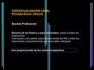 CONTEXTUALIZACION LEGAL
Principio Éticos- Clínicos


Secreto Profesional: 


Derecho de los Padres a estar informados: existe el deber de 
proporcionar
Información a los padres sobre la enfermedad del RN y sobre los 
tratamientos y procedimientos que se le están realizando


Uso proporcionado de los medios terapéuticos
 