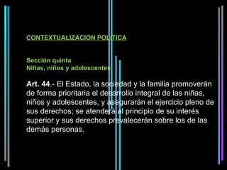 CONTEXTUALIZACION POLITICA


Sección quinta
Niñas, niños y adolescentes 
 
Art. 44.- El Estado, la sociedad y la familia promoverán 
de forma prioritaria el desarrollo integral de las niñas, 
niños y adolescentes, y asegurarán el ejercicio pleno de 
sus derechos; se atenderá al principio de su interés 
superior y sus derechos prevalecerán sobre los de las 
demás personas.
 
 