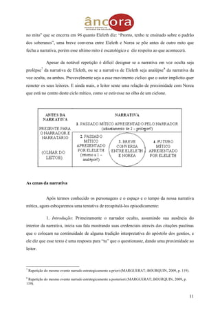 11
no mito” que se encerra em 96 quanto Eleleth diz: “Pronto, tenho te ensinado sobre o padrão
dos soberanos”, uma breve conversa entre Eleleth e Norea se põe antes de outro mito que
fecha a narrativa, porém esse ultimo mito é escatológico e diz respeito ao que acontecerá.
Apesar da notável repetição é difícil designar se a narrativa em voz oculta seja
prolépse7
da narrativa de Eleleth, ou se a narrativa de Eleleth seja analépse8
da narrativa da
voz oculta, ou ambos. Provavelmente seja a esse movimento cíclico que o autor implícito quer
remeter os seus leitores. E ainda mais, o leitor sente uma relação de proximidade com Norea
que está no centro deste ciclo mítico, como se estivesse no olho de um ciclone.
As cenas da narrativa
Após termos conhecido os personagens e o espaço e o tempo da nossa narrativa
mítica, agora esboçaremos uma tentativa de recapitulá-los episodicamente:
1. Introdução: Primeiramente o narrador oculto, assumindo sua ausência do
interior da narrativa, inicia sua fala mostrando suas credenciais através das citações paulinas
que o colocam na continuidade de alguma tradição interpretativa do apóstolo dos gentios, e
ele diz que esse texto é uma resposta para “tu” que o questionaste, dando uma proximidade ao
leitor.
7
Repetição do mesmo evento narrado estrategicamente a priori (MARGUERAT; BOURQUIN, 2009, p. 119).
8
Repetição do mesmo evento narrado estrategicamente a posteriori (MARGUERAT; BOURQUIN, 2009, p.
119).
 