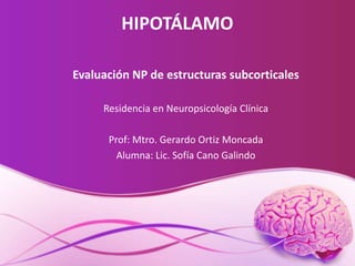 HIPOTÁLAMO
Evaluación NP de estructuras subcorticales
Residencia en Neuropsicología Clínica
Prof: Mtro. Gerardo Ortiz Moncada
Alumna: Lic. Sofía Cano Galindo
 