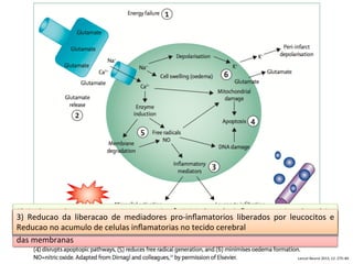 1)	
  Reducao	
  do	
  metabolismo	
  basal	
  à	
  menor	
  consumo	
  de	
  energia	
  e	
  producao	
  de	
  CO2	
  4)	
  Prevencao	
  de	
  processos	
  apopto/cos	
  e	
  necro/cos	
  proveniente	
  de	
  isquemia,	
  hipoxia	
  e	
  
trauma	
  direto	
  	
  
2)	
   Reducao	
   da	
   cascata	
   neuro-­‐excitatoria	
   à	
   iniciada	
   pelo	
   inﬂuxo	
   excessivo	
   de	
   calcio,	
  
a/vacao	
  glutamato,	
  hiperexcitabilidade	
  neuronal	
  à	
  morte	
  celular	
  5)	
  Reducao	
  da	
  liberacao	
  de	
  radicais	
  livres	
  sabidamente	
  deleterios	
  para	
  celulas	
  neuronais	
  
e	
  mecanismos	
  de	
  defesa	
  regionais	
  
*	
   Reducao	
   da	
   acidose	
   inter	
   e	
   extracelular	
   em	
   razao	
   de	
   hiperexcitabilidade,	
  
hiperrea/vidade	
  celular,	
  disfuncao	
  mitocondrial,	
  falha	
  nas	
  bombas	
  ionicas	
  e	
  integridade	
  
das	
  membranas	
  
*	
   Reducao	
   do	
   acumulo	
   de	
   lactato,	
   o/mizando	
   a	
   recuperacao	
   metabolica	
   das	
   lesoes	
  
causadas	
  pela	
  acidose	
  intra	
  e	
  intercelular	
  
6)	
   Estabiizacao	
   da	
   ruptura	
   da	
   barreira	
   hematoencefalica,	
   grande	
   responsavel	
   pelo	
  
aumento	
  da	
  permeabilidade	
  vascular,	
  edema	
  cerebral	
  e	
  hemorragia	
  perivascular	
  
3)	
   Reducao	
   da	
   liberacao	
   de	
   mediadores	
   pro-­‐inﬂamatorios	
   liberados	
   por	
   leucocitos	
   e	
  
Reducao	
  no	
  acumulo	
  de	
  celulas	
  inﬂamatorias	
  no	
  tecido	
  cerebral	
  
Lancet	
  Neurol	
  2013;	
  12:	
  275–84	
  
 
