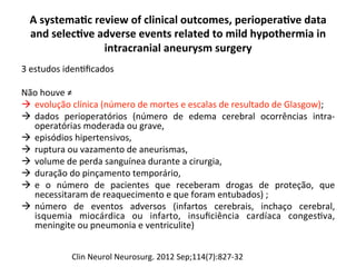 A	
  systema?c	
  review	
  of	
  clinical	
  outcomes,	
  periopera?ve	
  data	
  
and	
  selec?ve	
  adverse	
  events	
  related	
  to	
  mild	
  hypothermia	
  in	
  
intracranial	
  aneurysm	
  surgery	
  
3	
  estudos	
  iden/ﬁcados	
  	
  
	
  
Não	
  houve	
  ≠	
  	
  
à  evolução	
  clínica	
  (número	
  de	
  mortes	
  e	
  escalas	
  de	
  resultado	
  de	
  Glasgow);	
  	
  
à  dados	
   perioperatórios	
   (número	
   de	
   edema	
   cerebral	
   ocorrências	
   intra-­‐
operatórias	
  moderada	
  ou	
  grave,	
  	
  
à  episódios	
  hipertensivos,	
  	
  
à  ruptura	
  ou	
  vazamento	
  de	
  aneurismas,	
  	
  
à  volume	
  de	
  perda	
  sanguínea	
  durante	
  a	
  cirurgia,	
  	
  
à  duração	
  do	
  pinçamento	
  temporário,	
  	
  
à  e	
   o	
   número	
   de	
   pacientes	
   que	
   receberam	
   drogas	
   de	
   proteção,	
   que	
  
necessitaram	
  de	
  reaquecimento	
  e	
  que	
  foram	
  entubados)	
  ;	
  	
  
à  número	
   de	
   eventos	
   adversos	
   (infartos	
   cerebrais,	
   inchaço	
   cerebral,	
  
isquemia	
   miocárdica	
   ou	
   infarto,	
   insuﬁciência	
   cardíaca	
   conges/va,	
  
meningite	
  ou	
  pneumonia	
  e	
  ventriculite)	
  
Clin	
  Neurol	
  Neurosurg.	
  2012	
  Sep;114(7):827-­‐32	
  
 