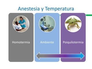 Anestesia y Temperatura
Homotermia Ambiente Poiquilotermia
 