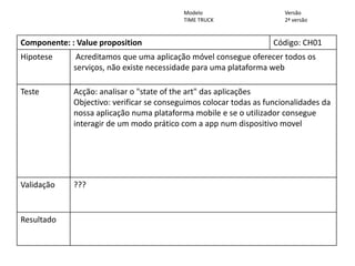Componente: : Value proposition Código: CH01
Hipotese Acreditamos que uma aplicação móvel consegue oferecer todos os
serviços, não existe necessidade para uma plataforma web
Teste Acção: analisar o "state of the art" das aplicações
Objectivo: verificar se conseguimos colocar todas as funcionalidades da
nossa aplicação numa plataforma mobile e se o utilizador consegue
interagir de um modo prático com a app num dispositivo movel
Validação ???
Resultado
www.fabricadestartups.com Copyright Fábrica de Startups, S.A.
Formulário de Hipótese
Modelo
TIME TRUCK
Versão
2ª versão
 