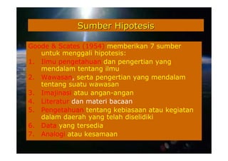 Sumber Hipotesis

Goode & Scates (1954) memberikan 7 sumber
   untuk menggali hipotesis:
1. Ilmu pengetahuan dan pengertian yang
   mendalam tentang ilmu
2. Wawasan, serta pengertian yang mendalam
   tentang suatu wawasan
3. Imajinasi atau angan-angan
4. Literatur dan materi bacaan
5. Pengetahuan tentang kebiasaan atau kegiatan
   dalam daerah yang telah diselidiki
6. Data yang tersedia
7. Analogi atau kesamaan
 