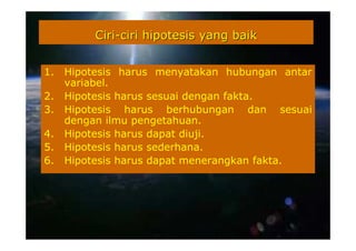 Ciri-ciri hipotesis yang baik


1.   Hipotesis harus menyatakan hubungan antar
     variabel.
2.   Hipotesis harus sesuai dengan fakta.
3.   Hipotesis harus berhubungan dan sesuai
     dengan ilmu pengetahuan.
4.   Hipotesis harus dapat diuji.
5.   Hipotesis harus sederhana.
6.   Hipotesis harus dapat menerangkan fakta.
 