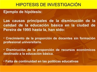 HIPOTESIS DE INVESTIGACIÓN
Ejemplo de hipótesis:

Las causas principales de la disminución de la
calidad de la educación básica en la ciudad de
Pereira de 1995 hasta la, han sido:

• Crecimiento de la proporción de docentes sin formación
profesional universitaria.

• Disminución de la proporción de recursos económicos
destinado a la educación básica.

• Falta de continuidad en las políticas educativas
 