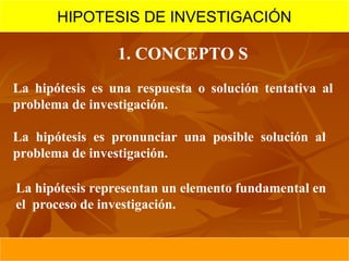 HIPOTESIS DE INVESTIGACIÓN

                 1. CONCEPTO S
La hipótesis es una respuesta o solución tentativa al
problema de investigación.

La hipótesis es pronunciar una posible solución al
problema de investigación.

La hipótesis representan un elemento fundamental en
el proceso de investigación.
 