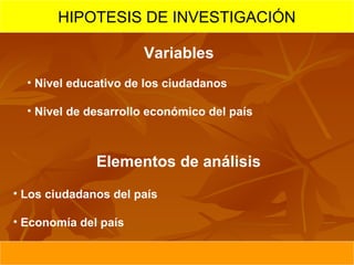 HIPOTESIS DE INVESTIGACIÓN

                      Variables
  • Nivel educativo de los ciudadanos

  • Nivel de desarrollo económico del país



              Elementos de análisis
• Los ciudadanos del país

• Economía del país
 