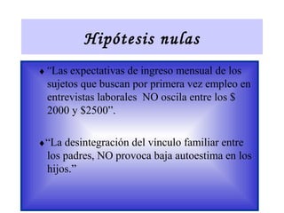 Hipótesis nulas
♦“Las expectativas de ingreso mensual de los
sujetos que buscan por primera vez empleo en
entrevistas laborales NO oscila entre los $
2000 y $2500”.
♦“La desintegración del vínculo familiar entre
los padres, NO provoca baja autoestima en los
hijos.”
 