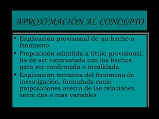 APROXIMACIÓN AL CONCEPTO
• Explicación provisional de un hecho o
fenómeno.
• Proposición admitida a título provisional,
ha de ser contrastada con los hechos
para ser confirmada o invalidada.
• Explicación tentativa del fenómeno de
investigación, formulada como
proposiciones acerca de las relaciones
entre dos o mas variables
• Explicación provisional de un hecho o
fenómeno.
• Proposición admitida a título provisional,
ha de ser contrastada con los hechos
para ser confirmada o invalidada.
• Explicación tentativa del fenómeno de
investigación, formulada como
proposiciones acerca de las relaciones
entre dos o mas variables
 