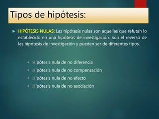  HIPÓTESIS NULAS: Las hipótesis nulas son aquellas que refutan lo
establecido en una hipótesis de investigación. Son el reverso de
las hipótesis de investigación y pueden ser de diferentes tipos.
Tipos de hipótesis:
• Hipótesis nula de no diferencia
• Hipótesis nula de no compensación
• Hipótesis nula de no efecto
• Hipótesis nula de no asociación
 