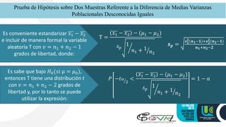 Prueba de Hipótesis sobre Dos Muestras Referente a la Diferencia de Medias Varianzas
Poblacionales Desconocidas Iguales
Es conveniente estandarizar 𝑥1 − 𝑥2
e incluir de manera formal la variable
aleatoria T con 𝑣 = 𝑛1 + 𝑛2 − 1
grados de libertad, donde:
T =
𝑥1 − 𝑥2 − (𝜇1 − 𝜇2)
𝑠𝑝 ൘
1
𝑛1 + ൗ
1
𝑛2
𝒔𝒑 =
𝒔𝟏
𝟐 𝒏𝟏−𝟏 +𝒔𝟐
𝟐(𝒏𝟐−𝟏)
𝒏𝟏+𝒏𝟐−𝟐
Es sabe que bajo 𝐻0(𝑠𝑖 μ = 𝜇0),
entonces T tiene una distribución t
con 𝑣 = 𝑛1 + 𝑛2 − 2 grados de
libertad y, por lo tanto se puede
utilizar la expresión:
𝑃 −𝑡 ൗ
𝛼
2
<
𝑥1 − 𝑥2 − (𝜇1 − 𝜇2)
𝑠𝑝 ൘
1
𝑛1 + ൗ
1
𝑛2
= 1 − α
 