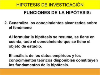 HIPOTESIS DE INVESTIGACIÓN
FUNCIONES DE LA HIPÓTESIS:
2. Generaliza los conocimientos alcanzados sobre
el fenómeno
Al formular la hipótesis se resume, se tiene en
cuenta, todo el conocimiento que se tiene el
objeto de estudio.
El análisis de los datos empíricos y los
conocimientos teóricos disponibles constituyen
los fundamentos de la hipótesis.

 