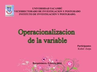UNIVERSIDAD YACAMBÚ
VICERRECTORADO DE INVESTIGACION Y POSTGRADO
INSTITUTO DE INVESTIGACIÓN Y POSTGRADO.

Participantes
Kisbel Zerpa

Barquisimeto, Febrero 2014.

 
