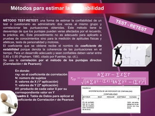 Métodos para estimar la Confiabilidad
MÉTODO TEST-RETEST: una forma de estimar la confiabilidad de un
test o cuestionario es administrarlo dos veces al mismo grupo y
correlacionar las puntuaciones obtenidas. Este método tiene la
desventaja de que los puntajes pueden verse afectados por el recuerdo,
la práctica, etc. Este procedimiento no es adecuado para aplicarlo a
pruebas de conocimientos sino para la medición de aptitudes físicas y
atléticas, tests de personalidad y motores.
El coeficiente que se obtiene recibe el nombre de coeficiente de
estabilidad porque denota la coherencia de las puntuaciones en el
tiempo. Para un desarrollo adecuado y sean confiables deben variar entre
0,80 y 0,95 (Popham, 1980, citado por Fuentes, op. cit.).
Se usa la correlación por el método de los puntajes directos
(Correlación r de Pearson):
En donde:
rxy: es el coeficiente de correlación
N: número de sujetos
X: valores de X (1ª aplicación)
Y: valores de Y (2ª aplicación)
XY: producto de cada valor X por su
correspondiente valor en Y
Cuadro 2. Tabla de Datos para aplicar el
Coeficiente de Correlación r de Pearson.
𝑟𝑥𝑦 −
𝑁 𝑋𝑌 − 𝑋 𝑇
𝑁 𝑋2 − 𝑋 ²𝐈𝑁 𝑌2 − 𝑌 ²
 