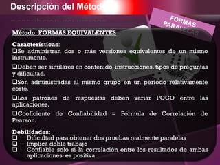Descripción del Método
Método: FORMAS EQUIVALENTES
Características:
Se administran dos o más versiones equivalentes de un mismo
instrumento.
Deben ser similares en contenido, instrucciones, tipos de preguntas
y dificultad.
Son administradas al mismo grupo en un período relativamente
corto.
Los patrones de respuestas deben variar POCO entre las
aplicaciones.
Coeficiente de Confiabilidad = Fórmula de Correlación de
Pearson.
Debilidades:
 Dificultad para obtener dos pruebas realmente paralelas
 Implica doble trabajo
 Confiable solo si la correlación entre los resultados de ambas
aplicaciones es positiva
 