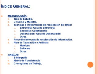 ÍNDICE GENERAL:
III. METODOLOGÍA:
1. Tipo de Estudio.
2. Universo y Muestra.
3. Técnicas e Instrumentos de recolección de datos:
a. Entrevista: Guía de Entrevista
b. Encuesta: Cuestionario
c. Observación: Guía de Observación
d. Otros.
4. Procedimiento para la recolección de información.
5. Plan de Tabulación y Análisis:
a. Matrices
b. Software
c. Otros
IV. ANEXOS:
I. Bibliografía
II. Matriz de Consistencia
III. Cronograma de Trabajo.
 