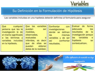 Variables
Su Definición en la Formulación de Hipótesis
Las variables incluidas en una hipótesis deberán definirse al formularla para asegurar:

Que
cualquier
persona que lea la
investigación le de
el mismo significado
a los términos y
variables incluidos
en la hipótesis.

Que las variables
puedan
ser
medidas,
observadas,
evaluadas
o
inferidas, es decir
que de ellas se
puedan
obtener
datos de la realidad.

Confrontar
con
investigaciones
donde se definan
las
mismas
variables y de ser
así
confrontar
resultados.

Evaluar de forma
adecuada
los
resultados de la
investigación porque
las
variables
e
hipótesis
se
contextualizan.

Sin definición de variable no hay
investigación

 